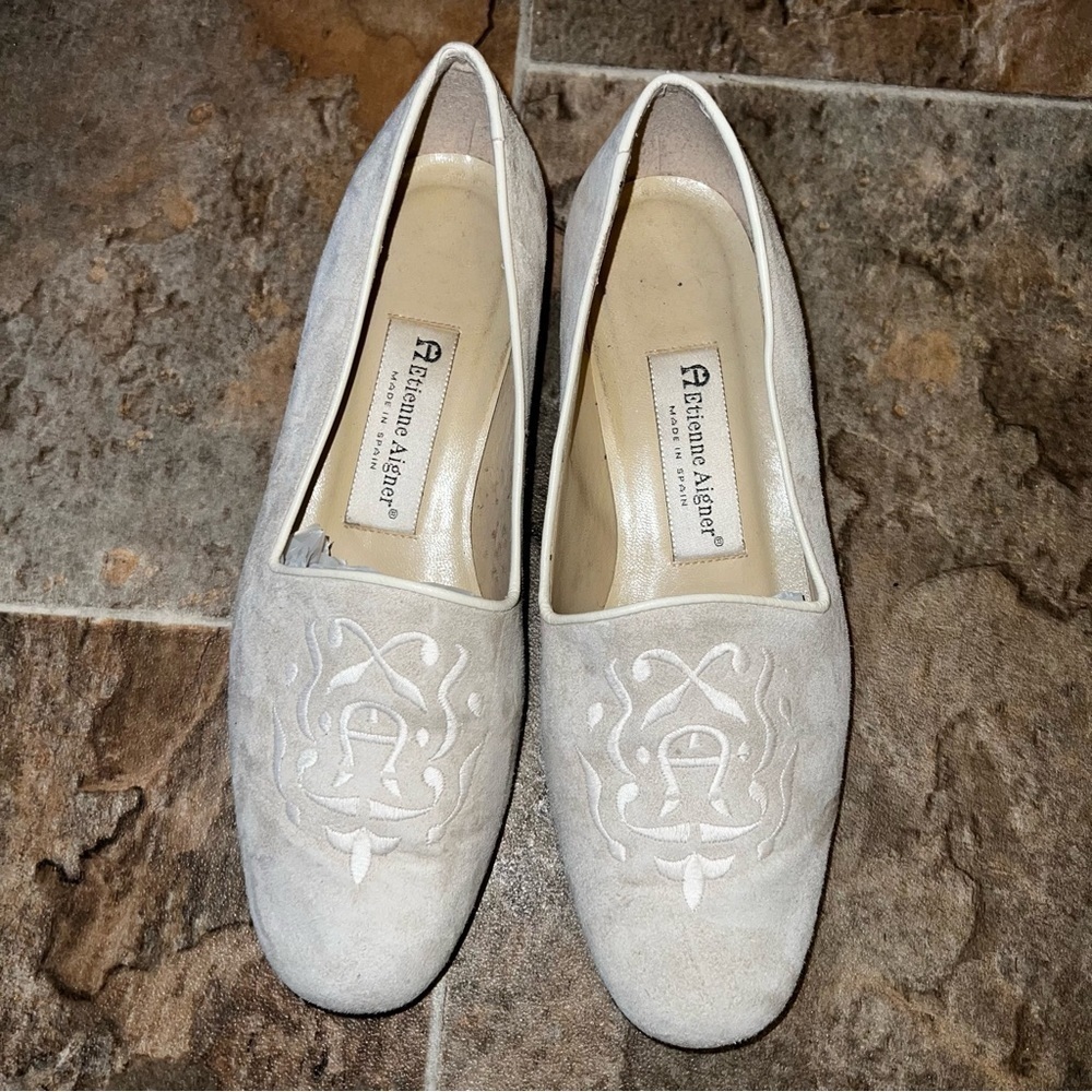 Etienne Aigner Scroll Cream Suede Leather Embroidered Loafers Flats
